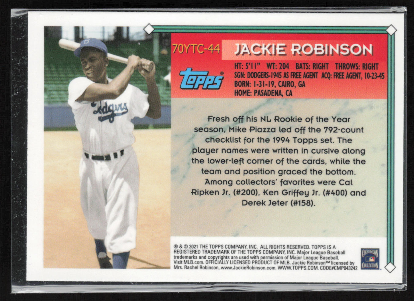 2021 Topps Chrome #70YT-44 Jackie Robinson 70 Years of Topps Baseball