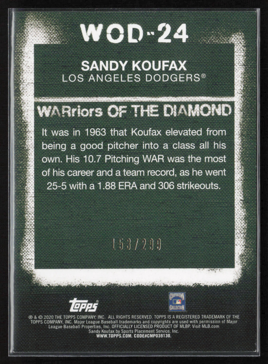 2020 Topps #WOD-24 Sandy Koufax WARriors of the Diamond
