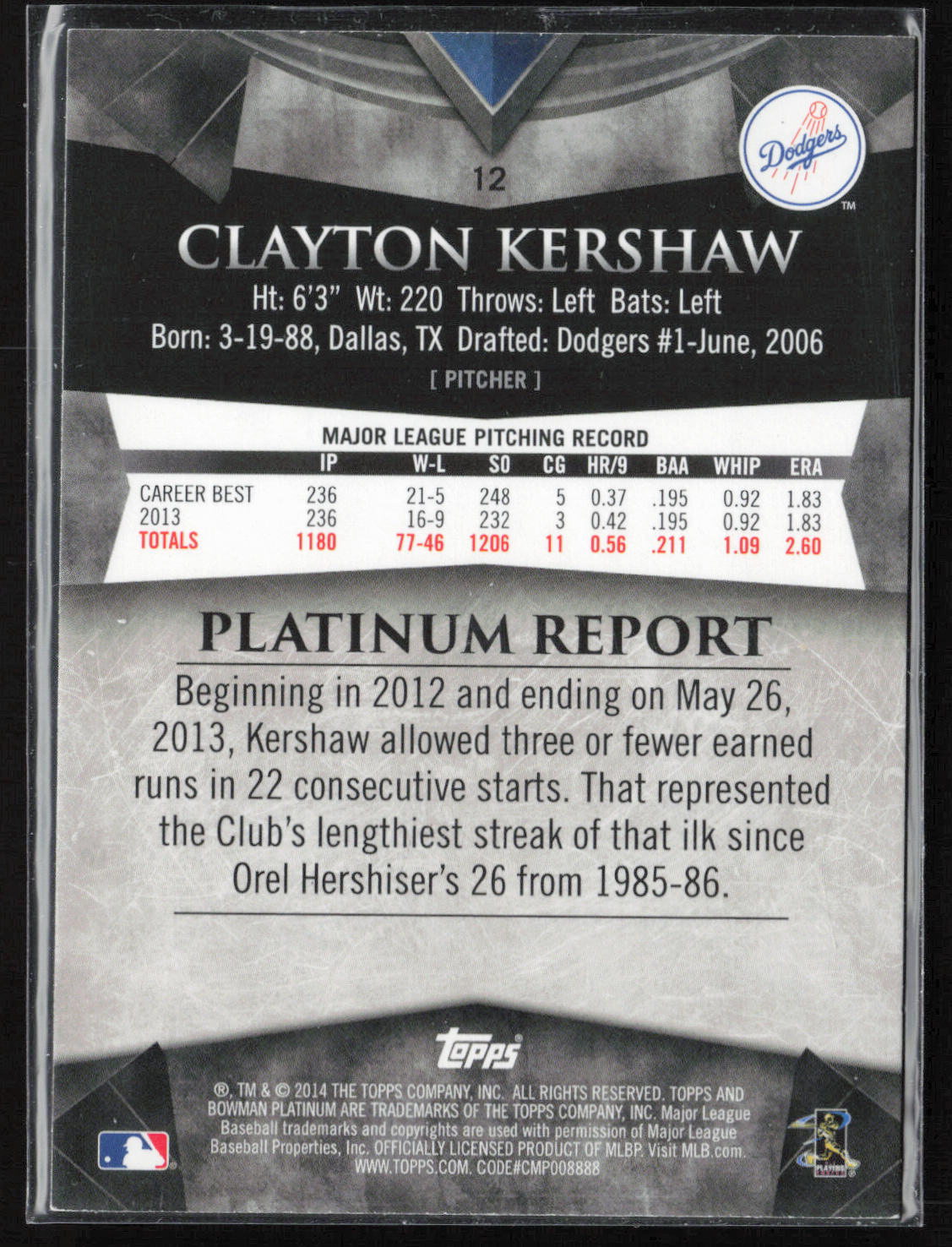 2014 Bowman Platinum #12 Clayton Kershaw