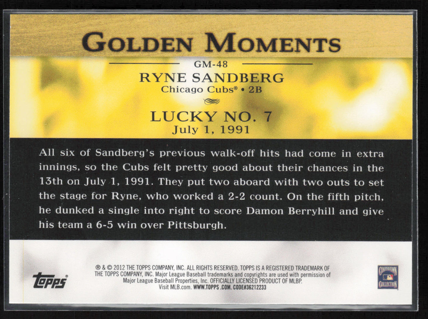 2012 Topps #GM-48 Ryne Sandberg Golden Moments (Series 2)