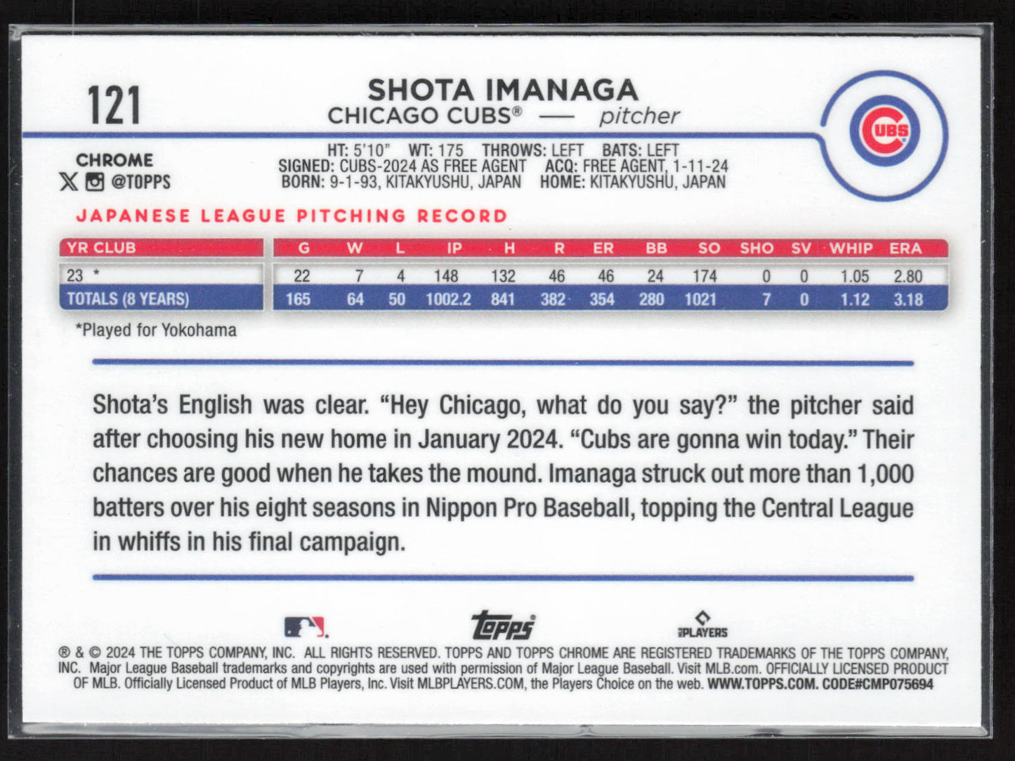 2024 Topps Chrome #121 Shota Imanaga Pink Refractors