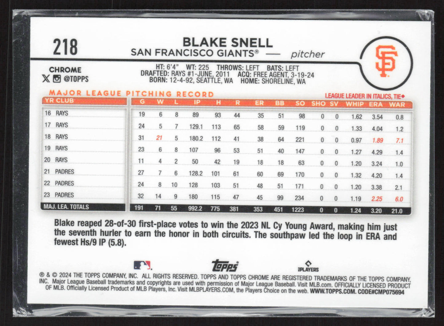 2024 Topps Chrome #218 Blake Snell Negative Refractors