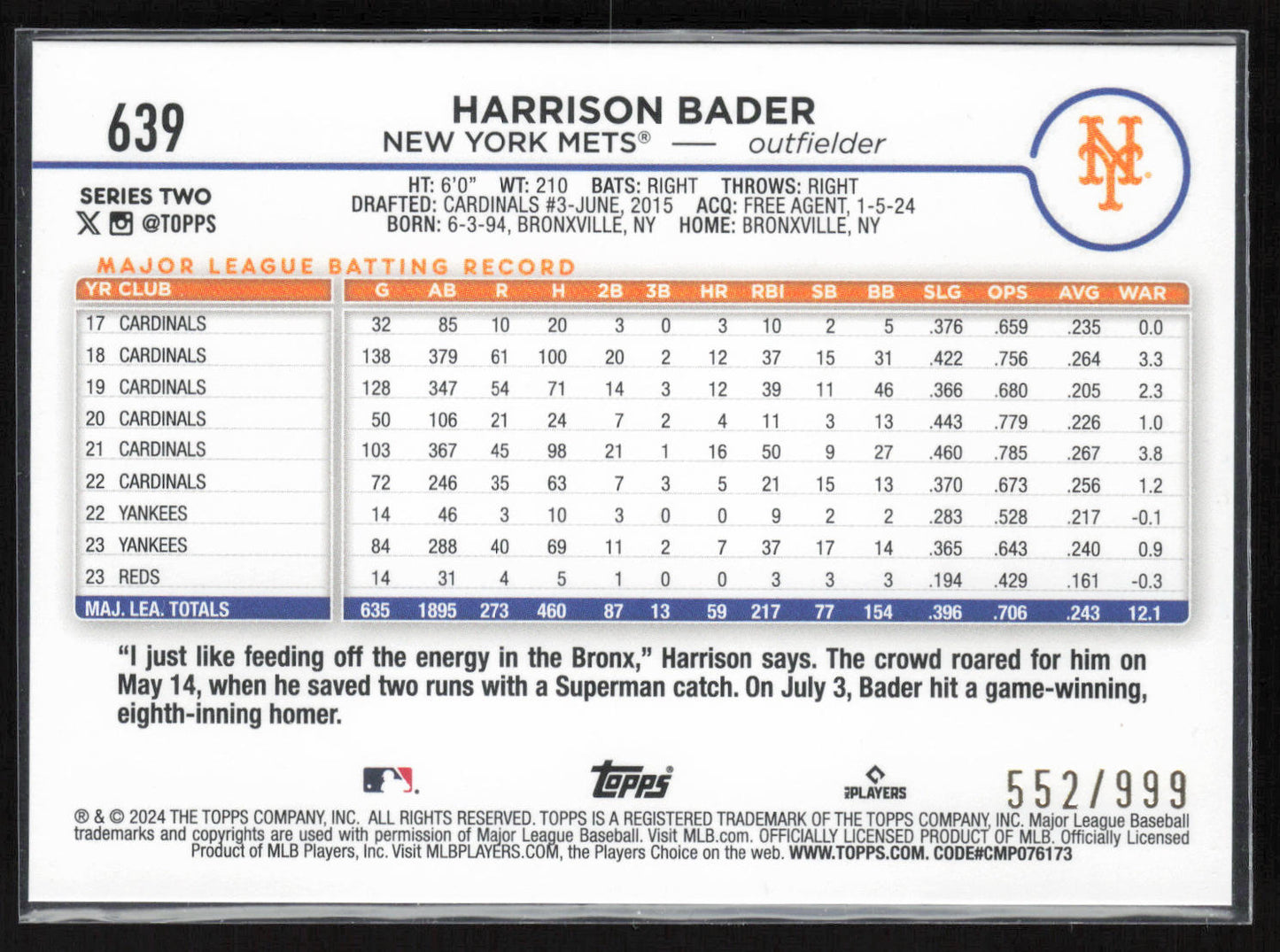 2024 Topps #639 Harrison Bader Blue Holofoil Blue Prizm #/999