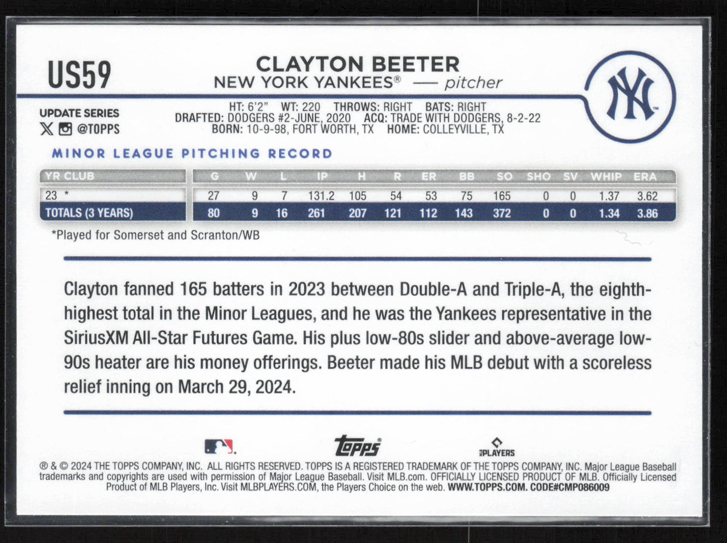 2024 Topps Update #US59 Clayton Beeter