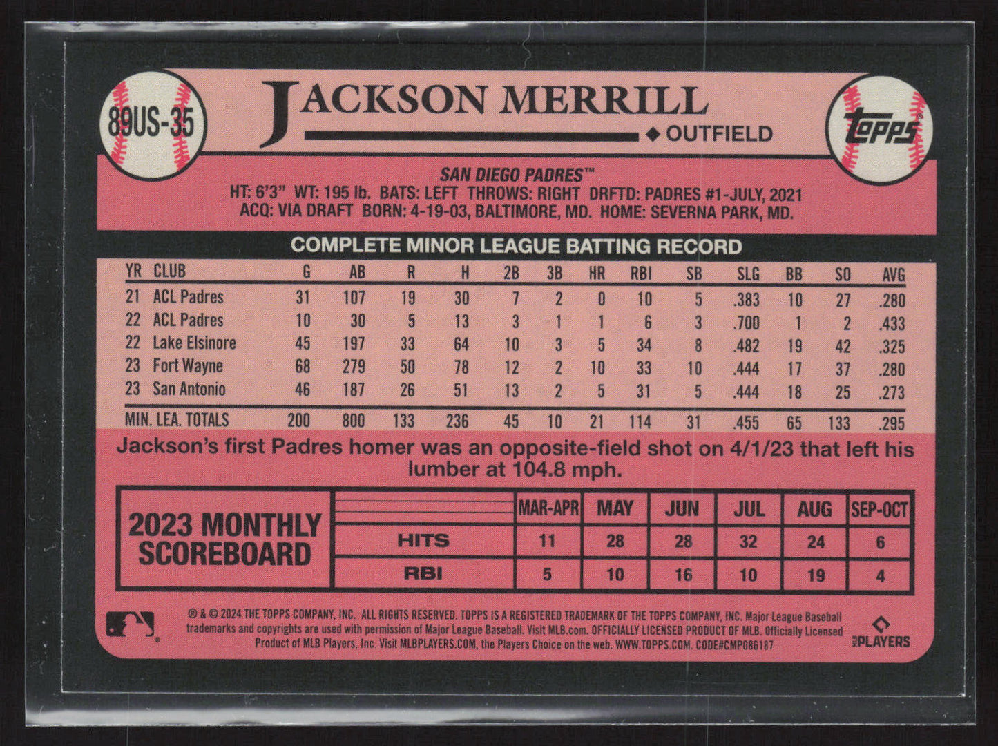 2024 Topps Update #89US-35 Jackson Merrill 1989 Topps Baseball 35th Anniversary