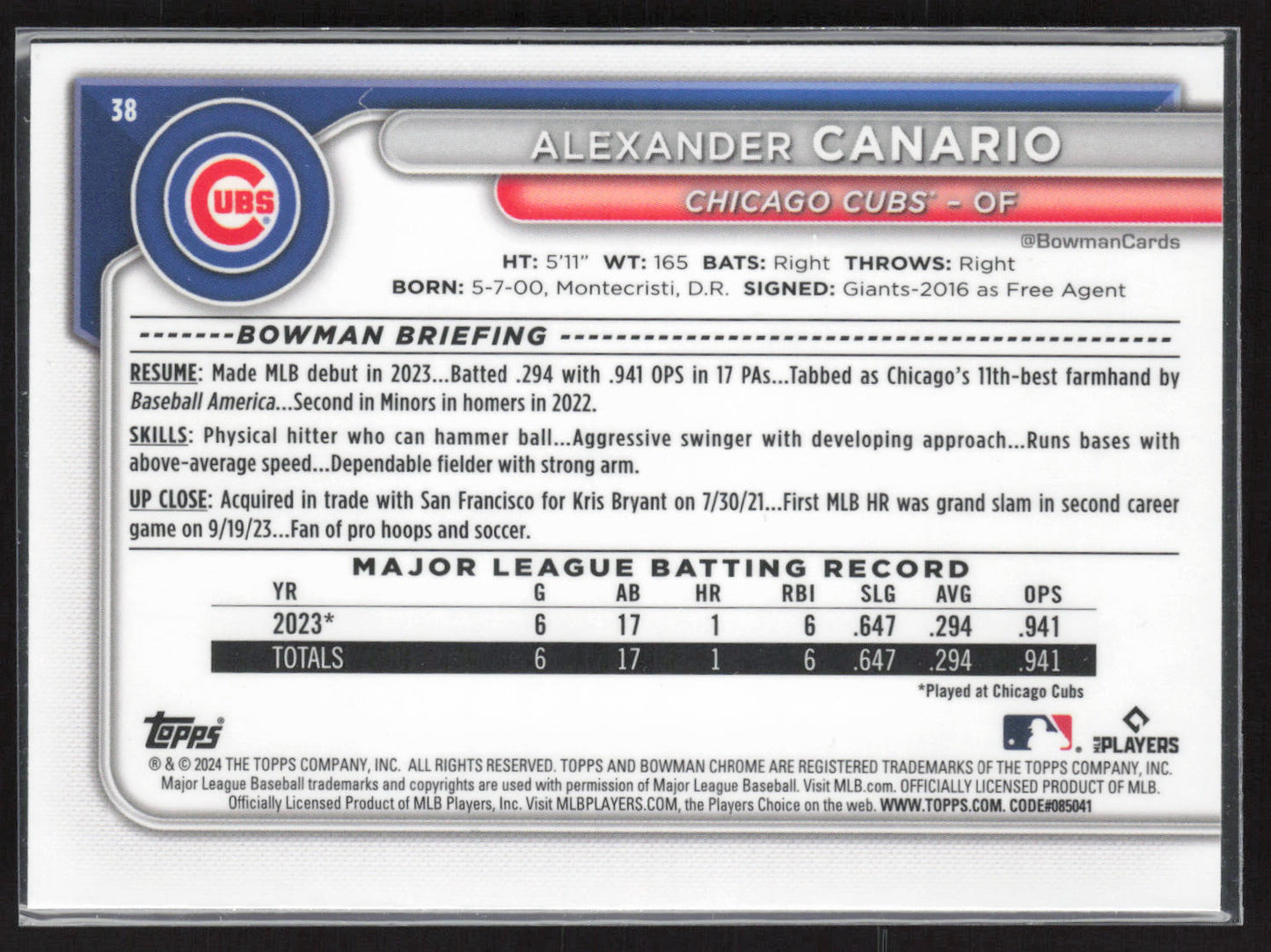 2024 Bowman Chrome #38 Alexander Canario