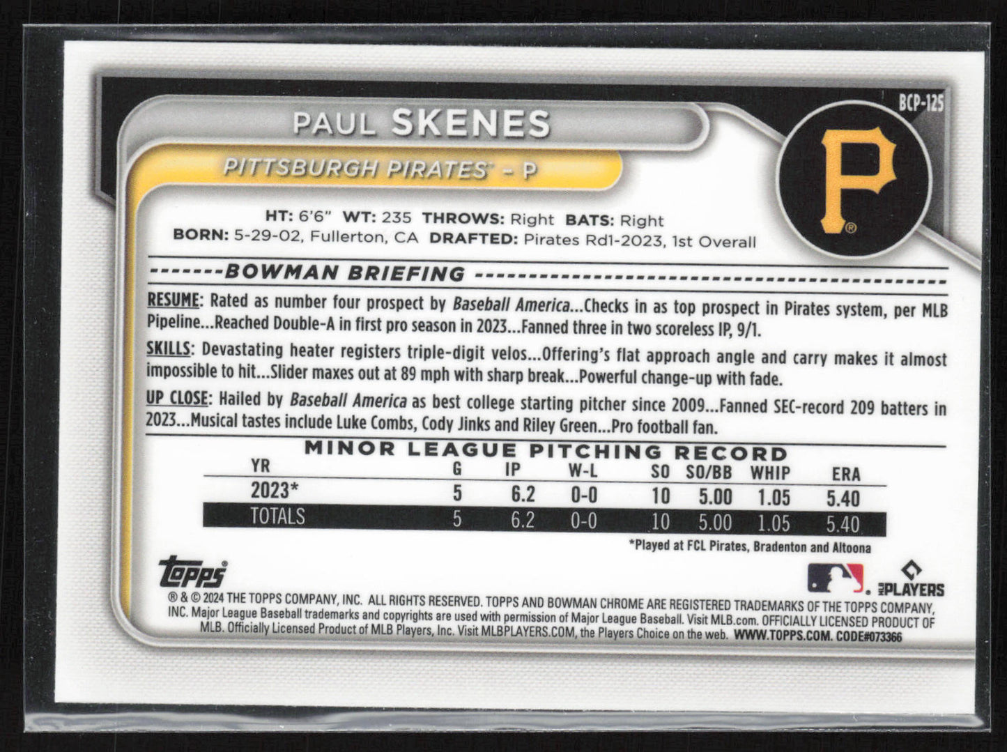 2024 Bowman #BCP-125 Paul Skenes Chrome Prospects Mojo Refractors