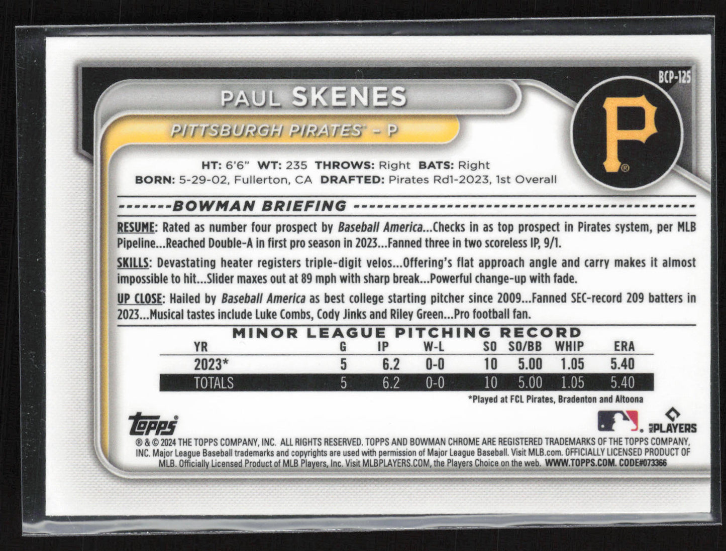 2024 Bowman #BCP-125 Paul Skenes Chrome Prospects Mojo Refractors
