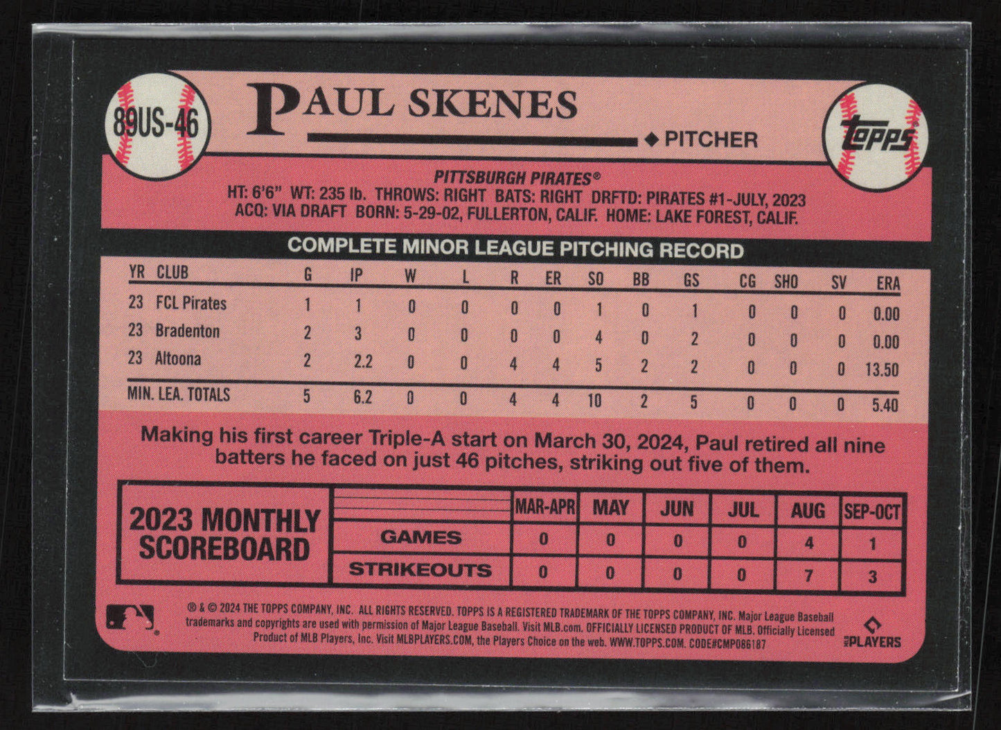 2024 Topps Update #89US-46 Paul Skenes 1989 Topps Baseball 35th Anniversary Blue