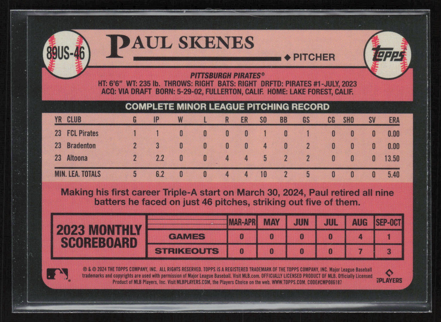 2024 Topps Update #89US-46 Paul Skenes 1989 Topps Baseball 35th Anniversary Blue
