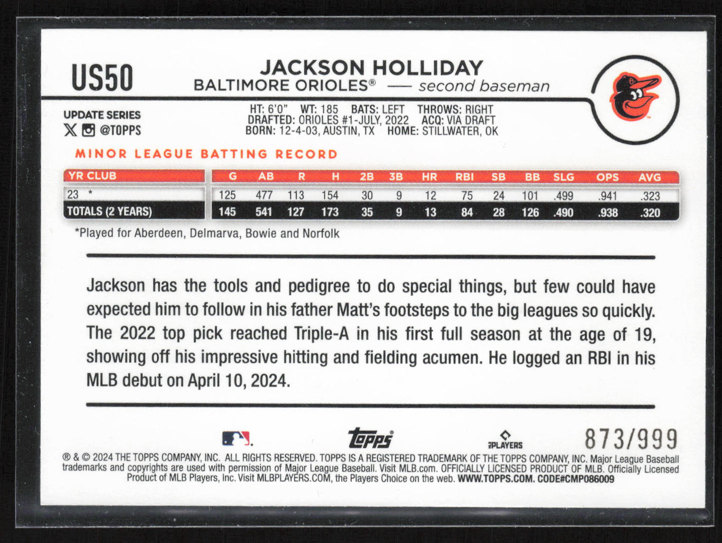 2024 Topps Update #US50 Jackson Holliday Blue Holofoil #873/999
