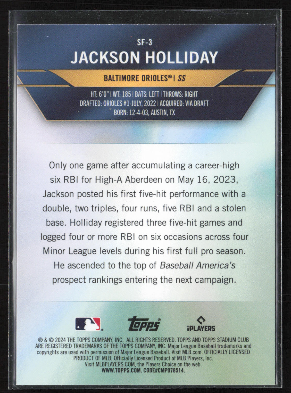2024 Stadium Club #SF-3 Jackson Holliday Special Forces