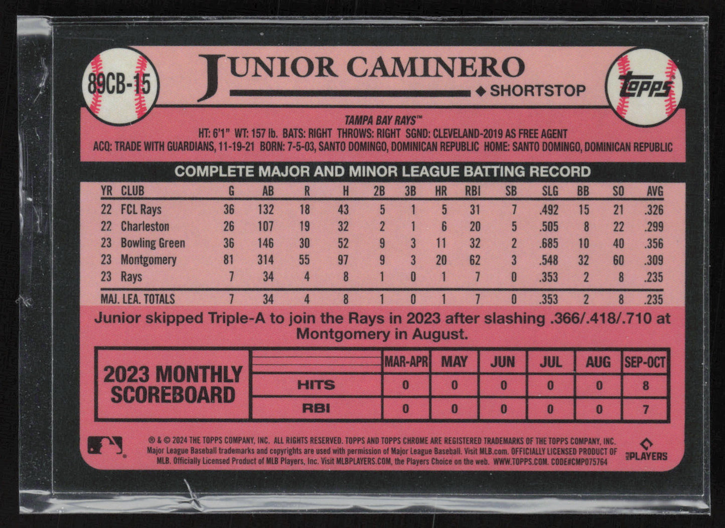 2024 Topps Chrome #89CB-15 Junior Caminero 1989 Topps Baseball 35th Anniversary