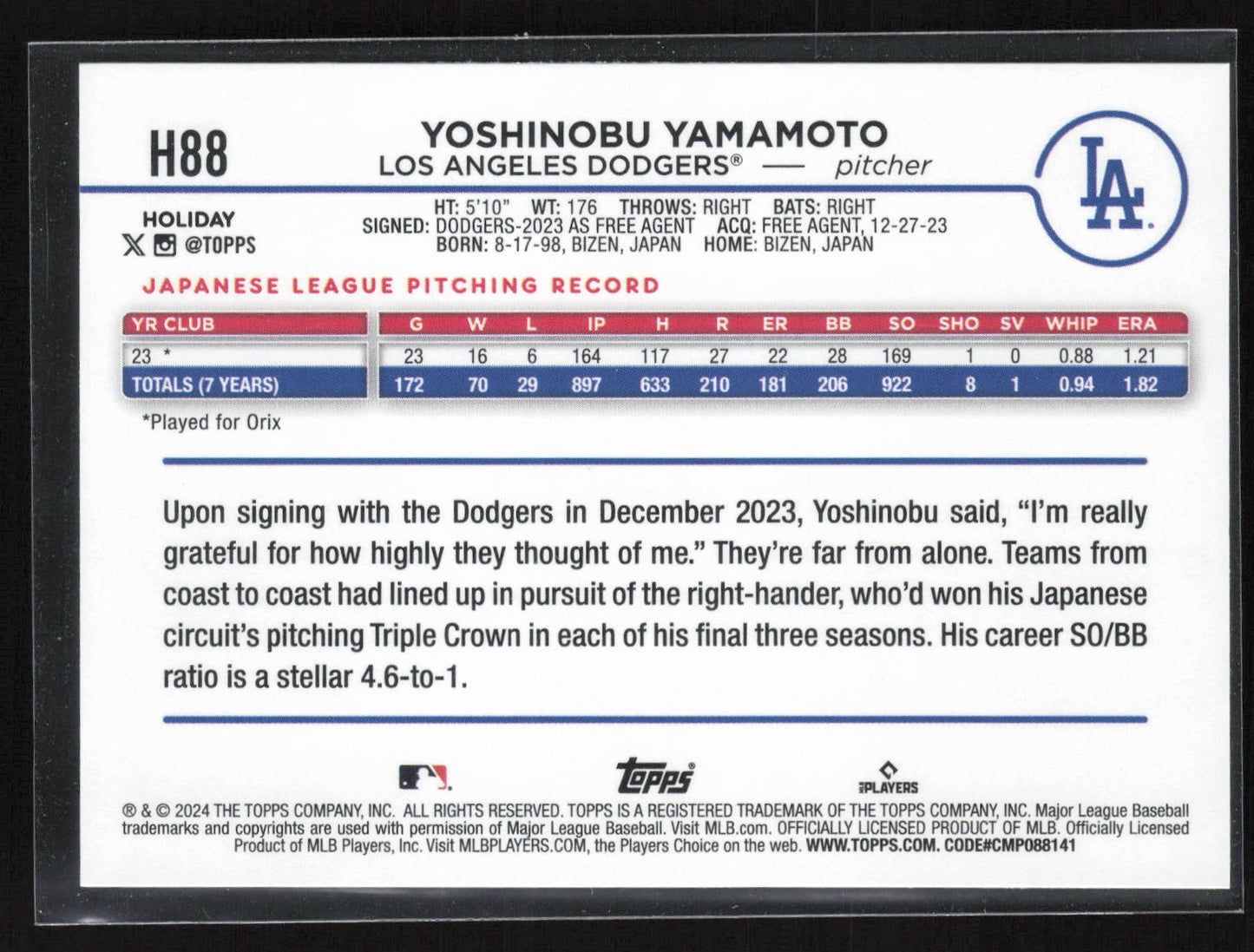 2024 Topps Holiday #H88 Yoshinobu Yamamoto