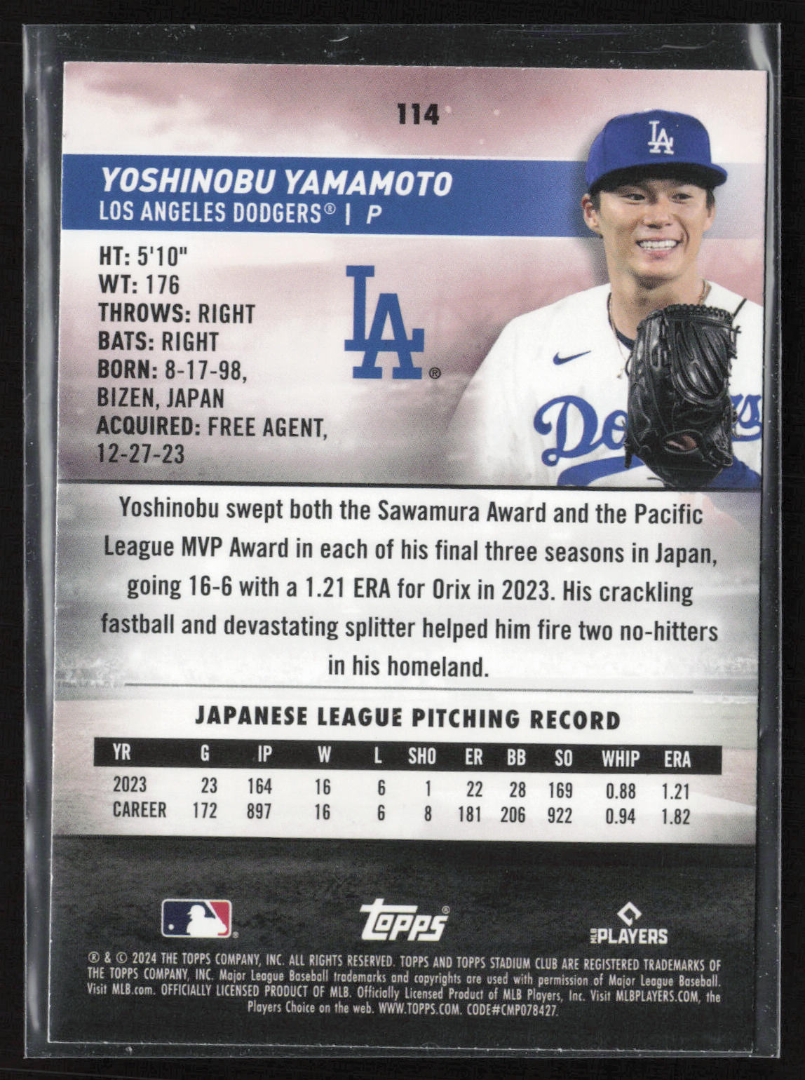 2024 Stadium Club #114 Yoshinobu Yamamoto Pink Foil