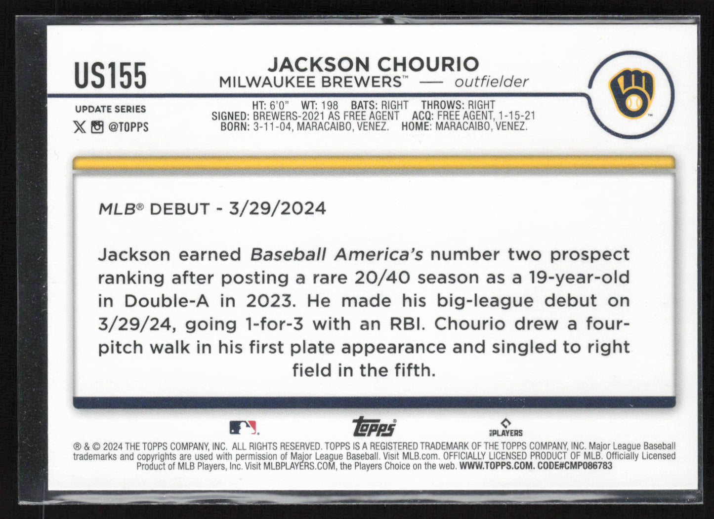 2024 Topps Update #US155 Jackson Chourio Holiday