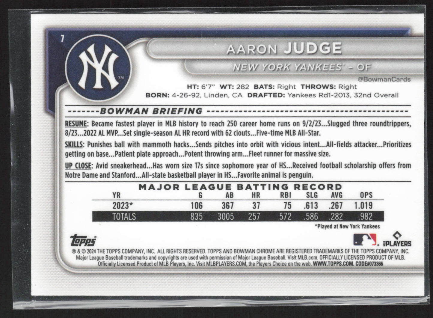 2024 Bowman #7 Aaron Judge Chrome Mojo Refractors