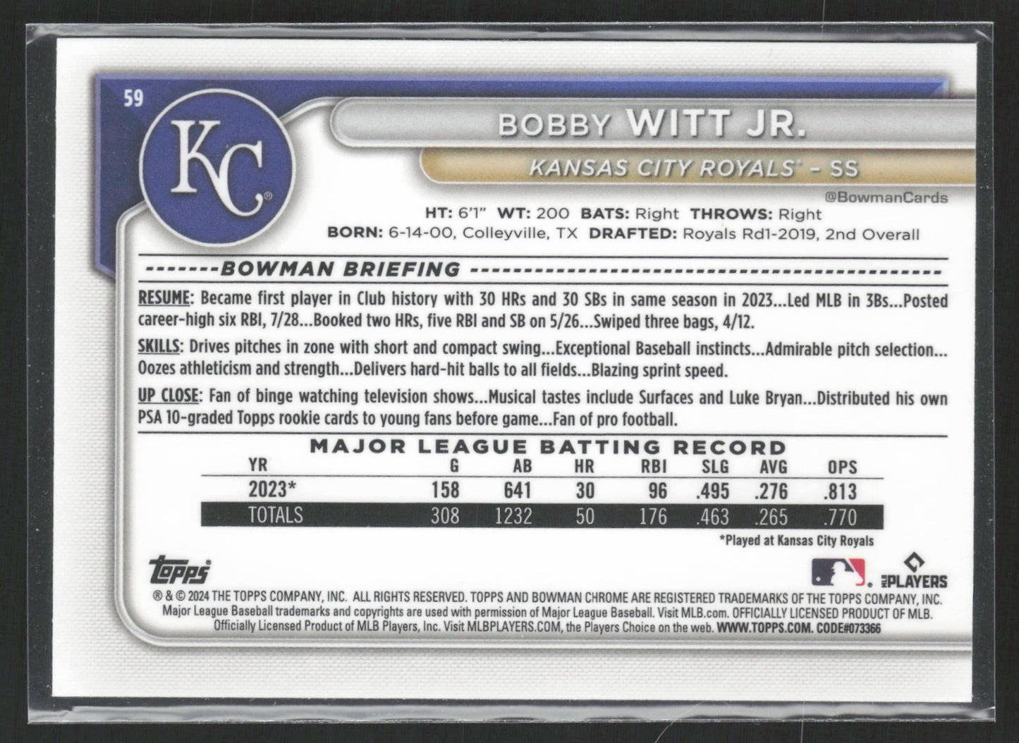2024 Bowman #59 Bobby Witt Jr. Chrome Mojo Refractors