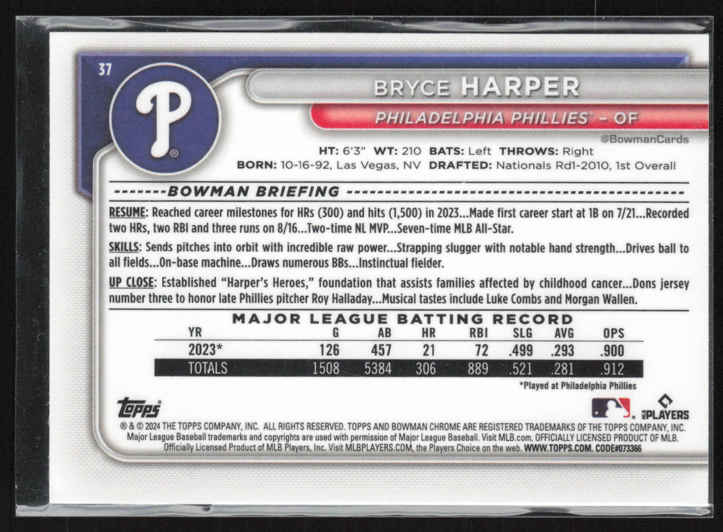 2024 Bowman #37 Bryce Harper Chrome Mojo Refractors