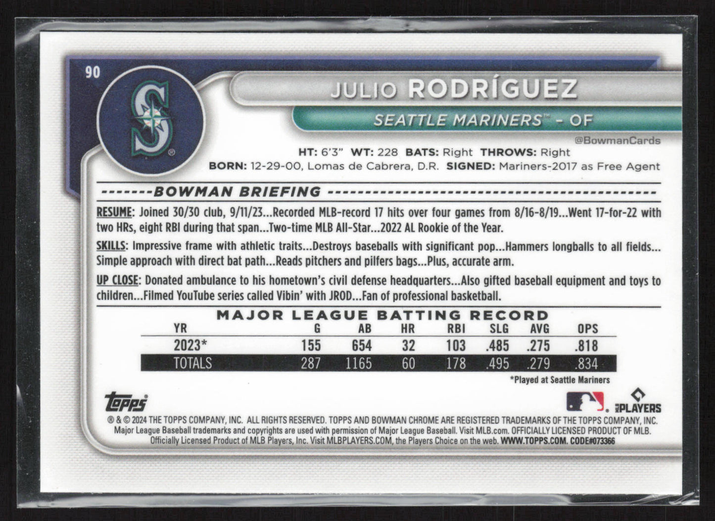 2024 Bowman #90 Julio Rodríguez Chrome Mojo Refractors