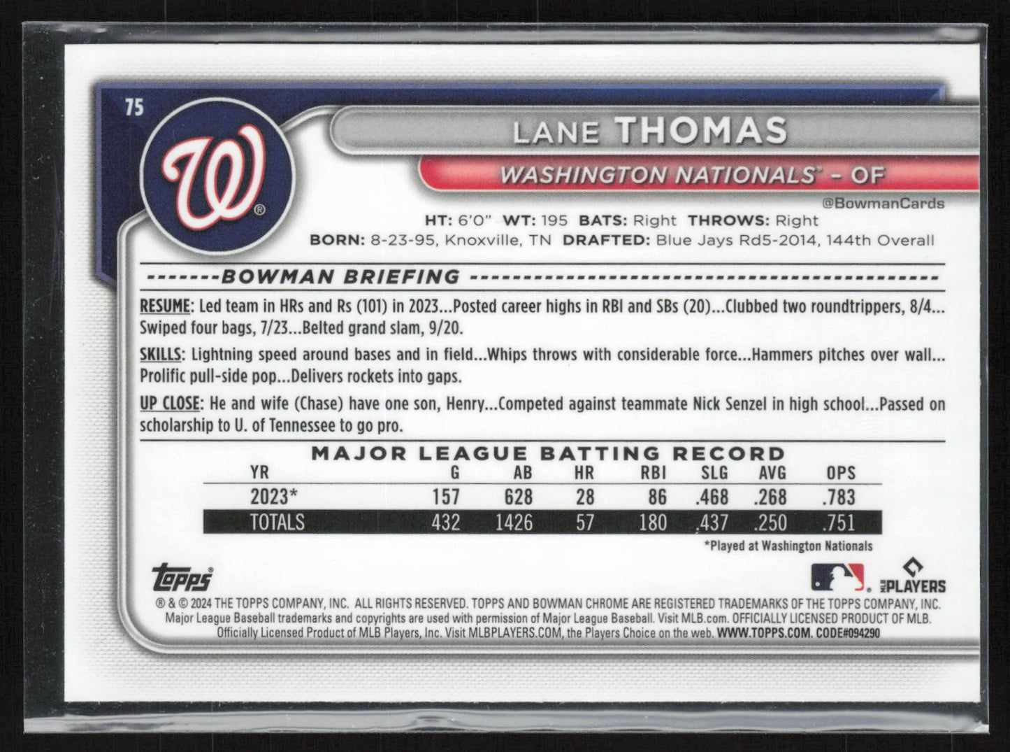 2024 Bowman Chrome #75 Lane Thomas Mojo Refractors