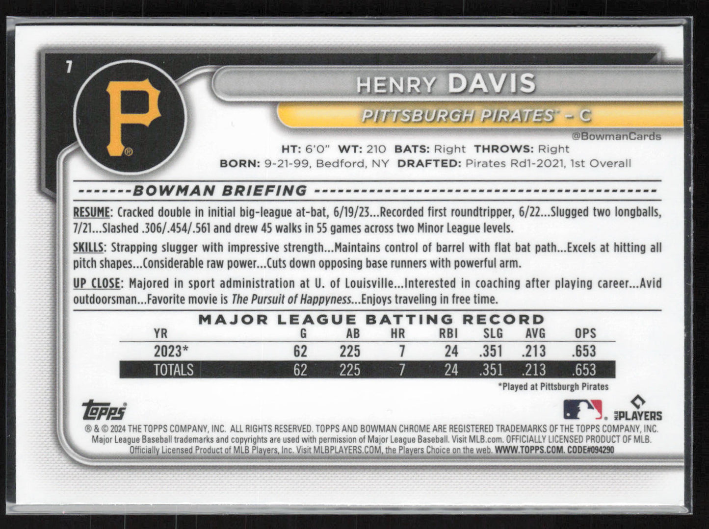 2024 Bowman Chrome #7 Henry Davis Mojo Refractors