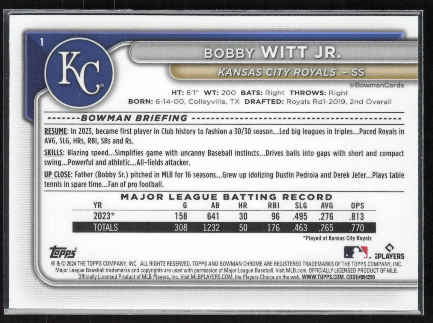 2024 Bowman Chrome #1 Bobby Witt Jr. Mojo Refractors