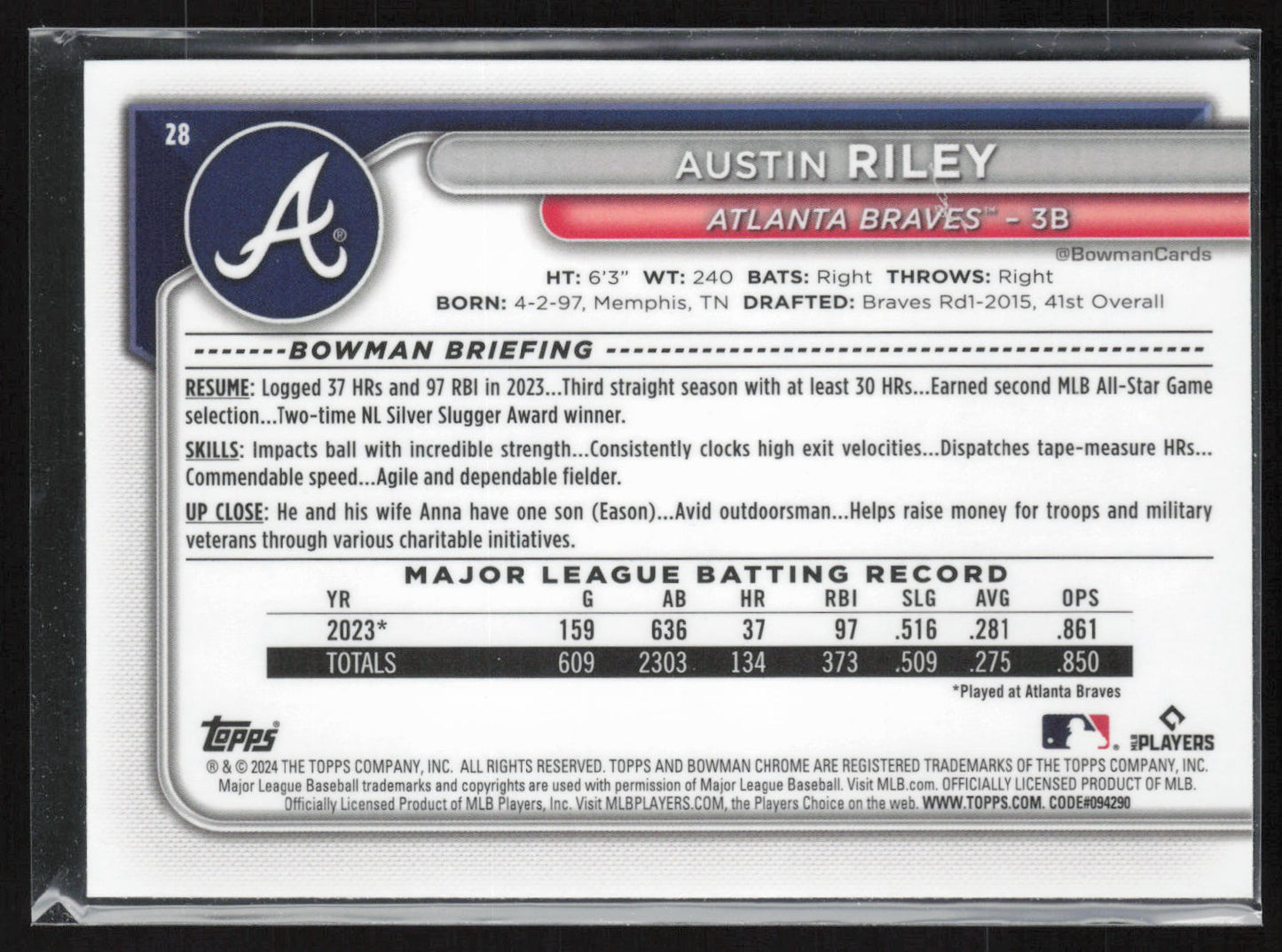 2024 Bowman Chrome #28 Austin Riley Mojo Refractors