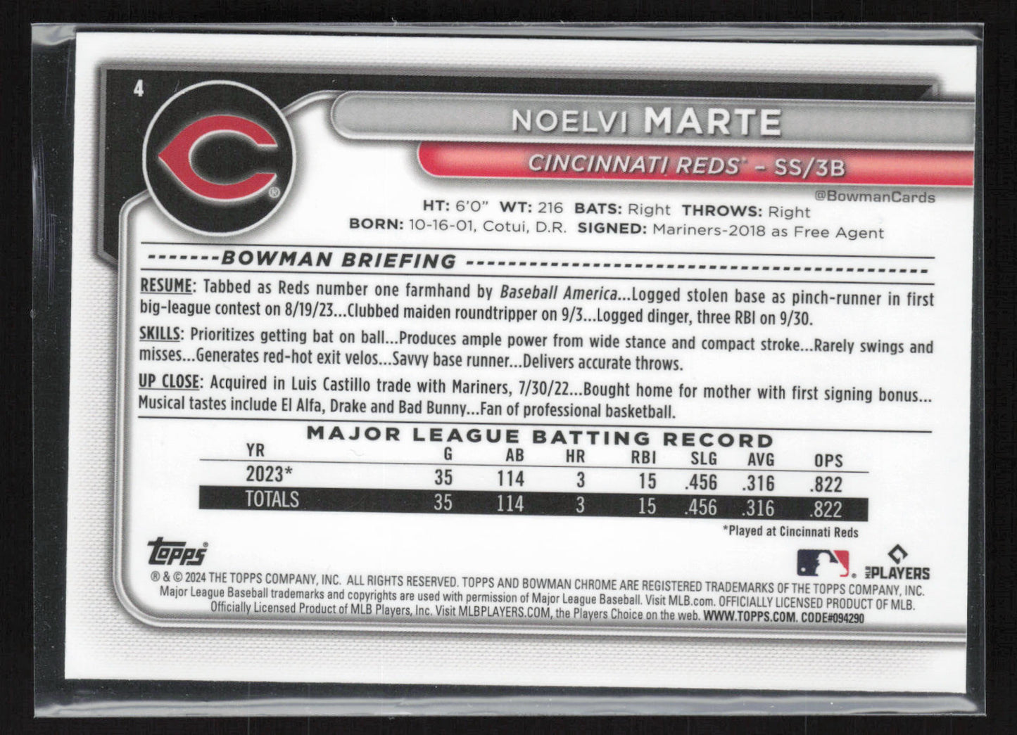 2024 Bowman Chrome #4 Noelvi Marte Mojo Refractors