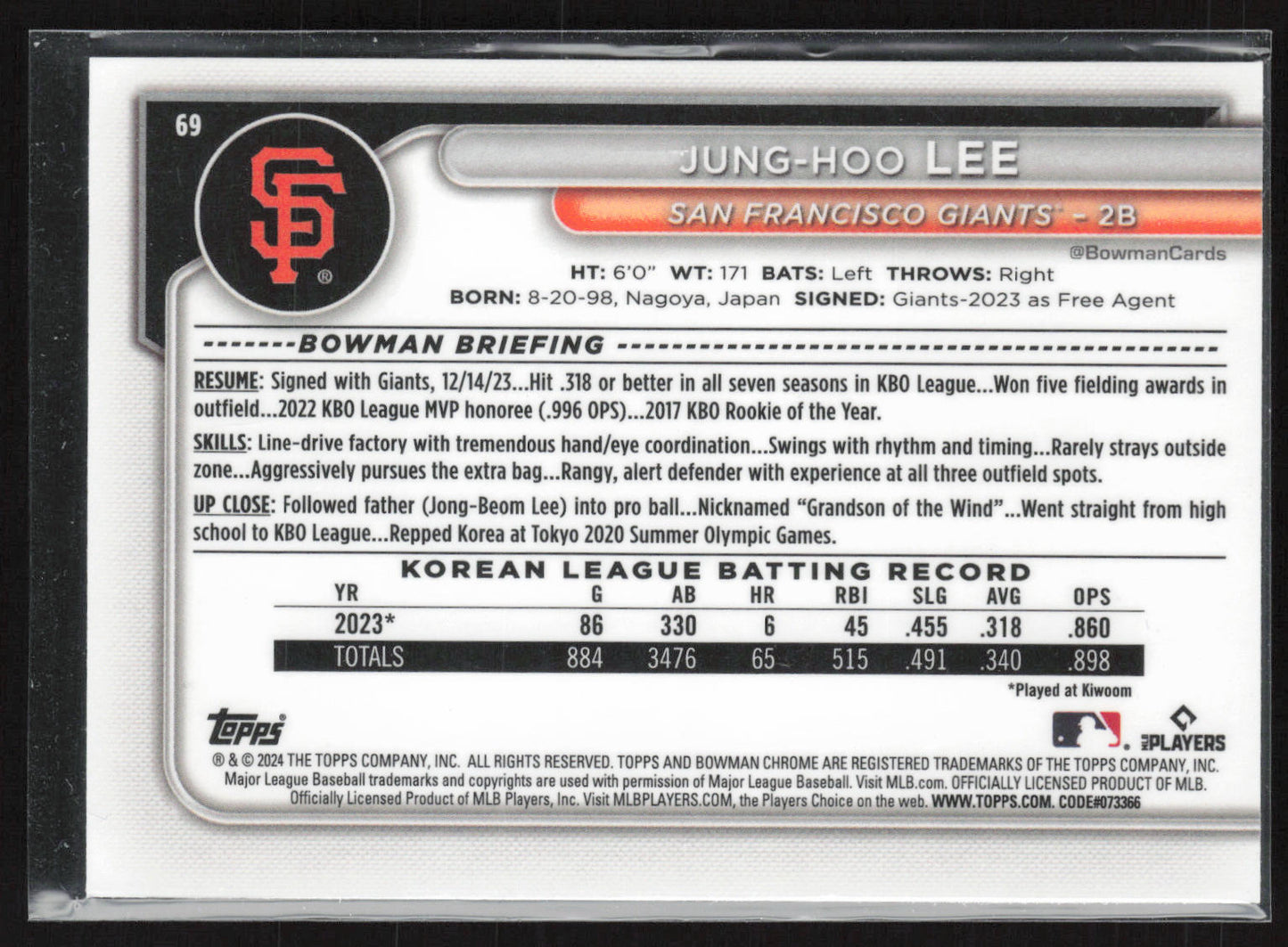 2024 Bowman #69 Jung-hoo Lee Chrome Mojo Refractors