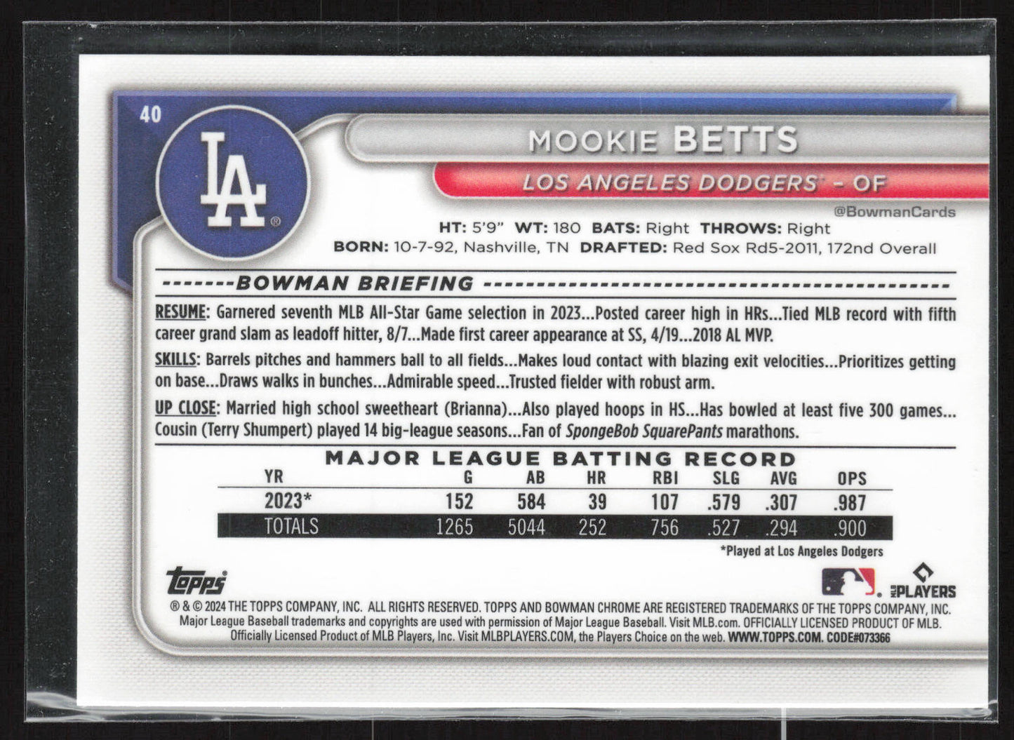 2024 Bowman #40 Mookie Betts Chrome Purple Mojo Refractors #/250