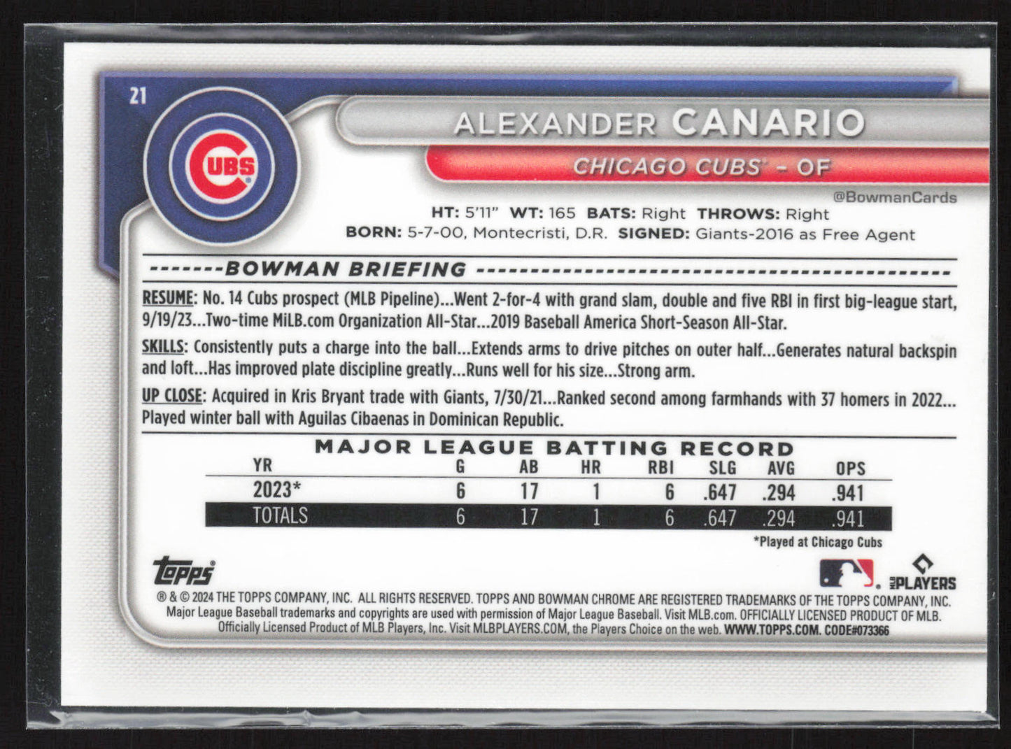 2024 Bowman #21 Alexander Canario Chrome Navy Mojo Refractors #/175