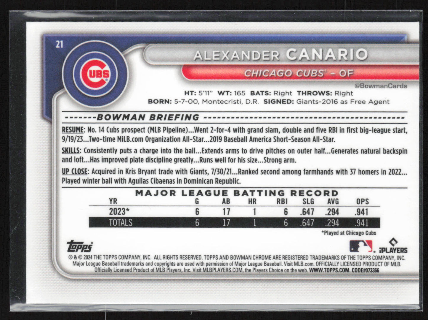 2024 Bowman #21 Alexander Canario Chrome Navy Mojo Refractors #/175