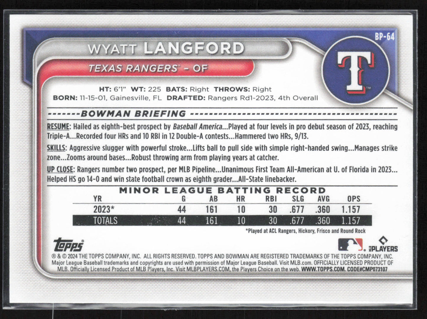 2024 Bowman #BP-64 Wyatt Langford Prospects