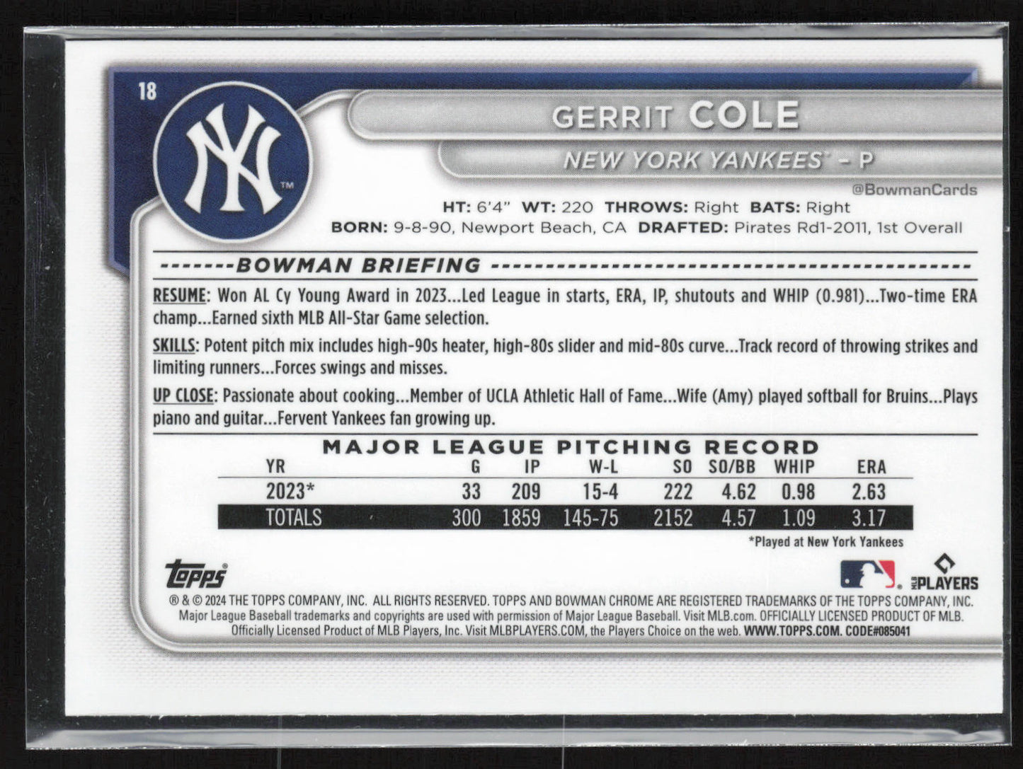 2024 Bowman Chrome #18 Gerrit Cole