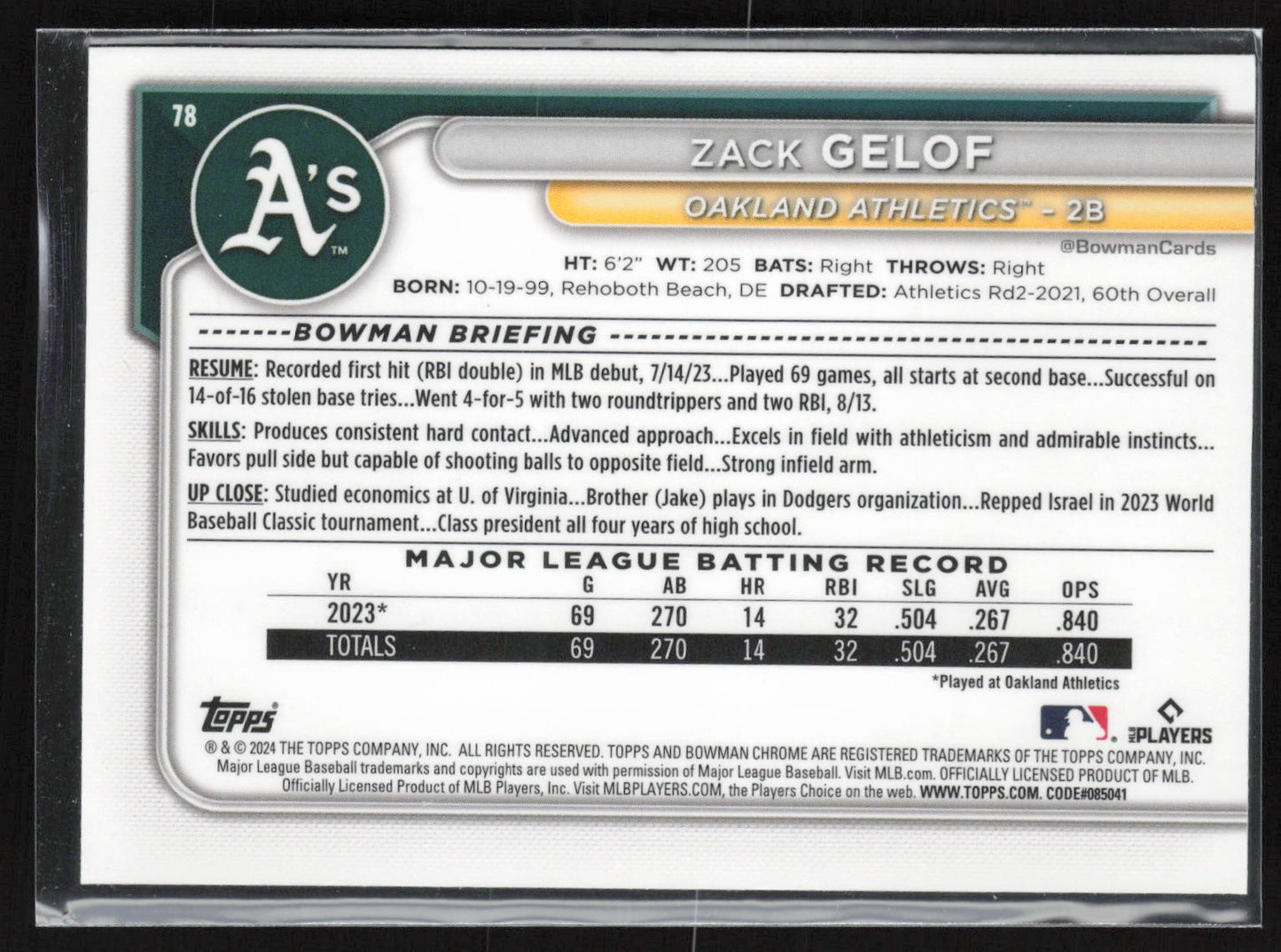2024 Bowman Chrome #78 Zack Gelof