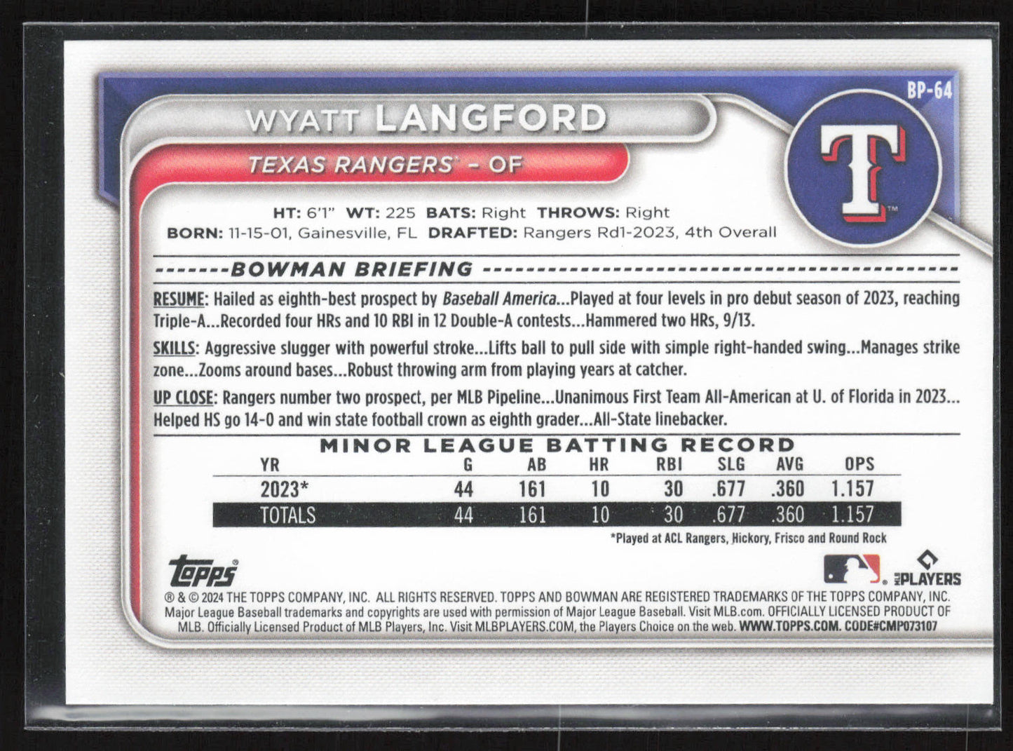 2024 Bowman #BP-64 Wyatt Langford Prospects