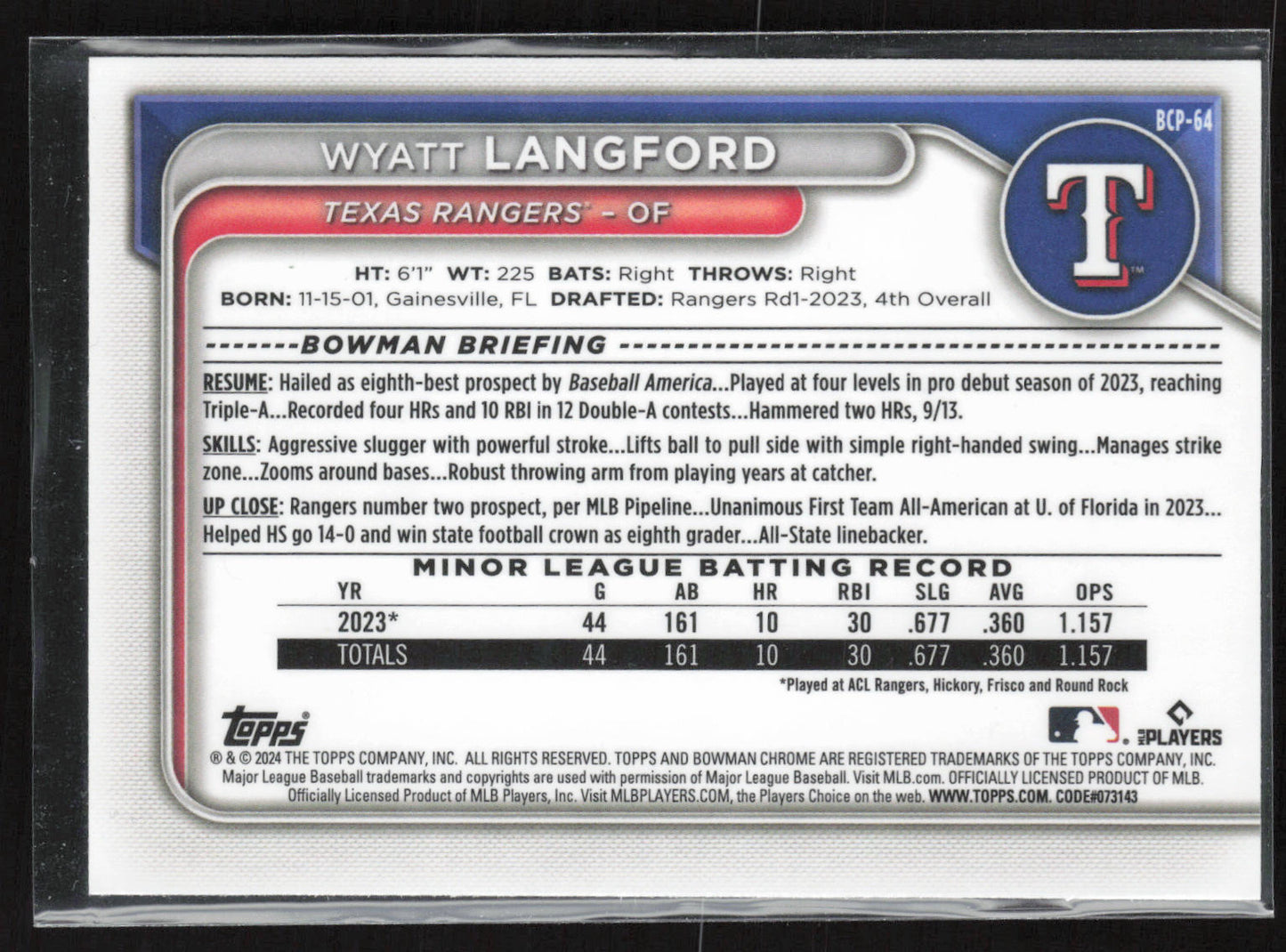 2024 Bowman #BCP-64 Wyatt Langford Chrome Prospects