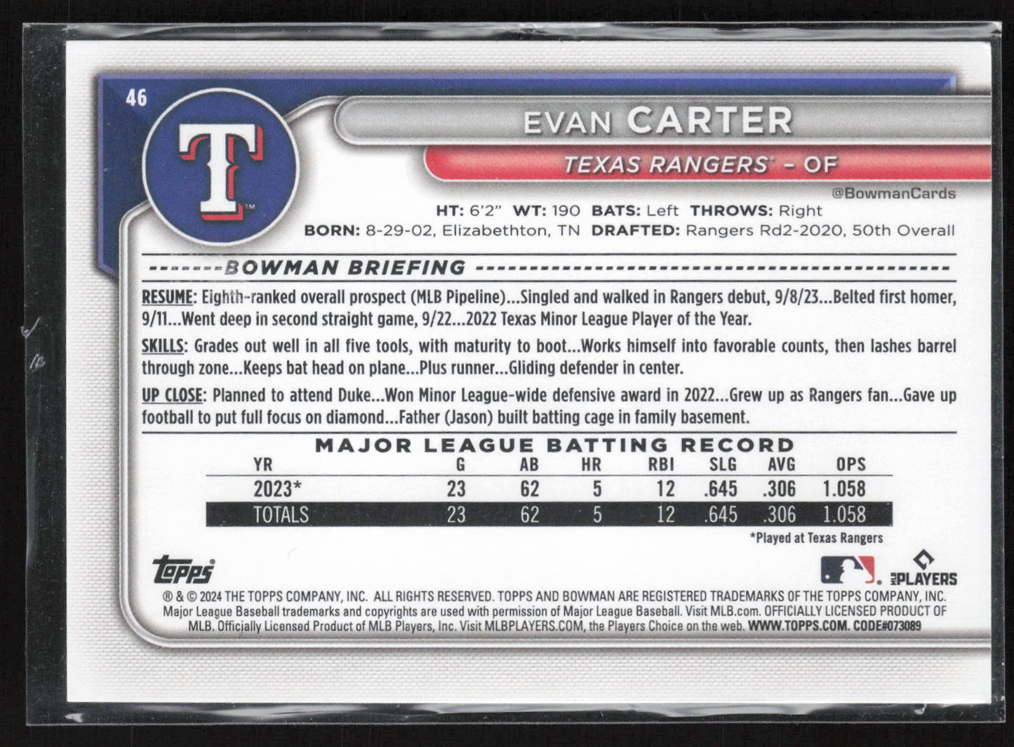 2024 Bowman #46 Evan Carter