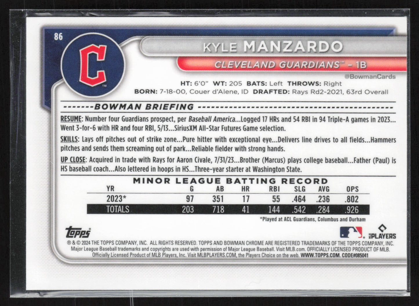 2024 Bowman Chrome #86 Kyle Manzardo