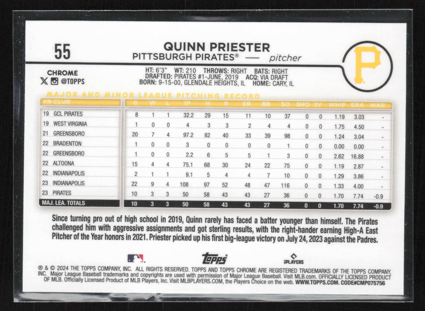 2024 Topps Chrome #55 Quinn Priester Refractors Short Print