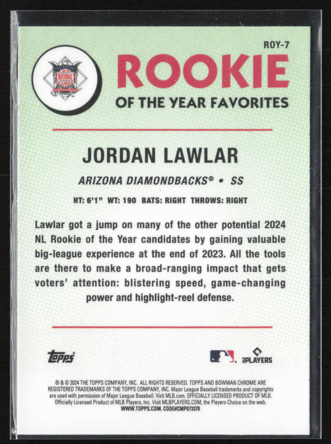 2024 Bowman #ROY-7 Jordan Lawlar Rookie of the Year Favorites
