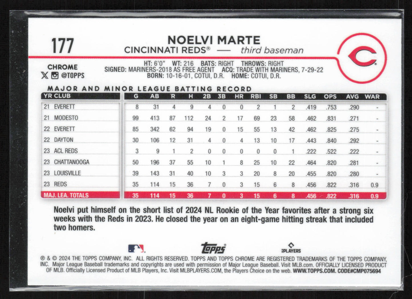 2024 Topps Chrome #177 Noelvi Marte X-Fractors