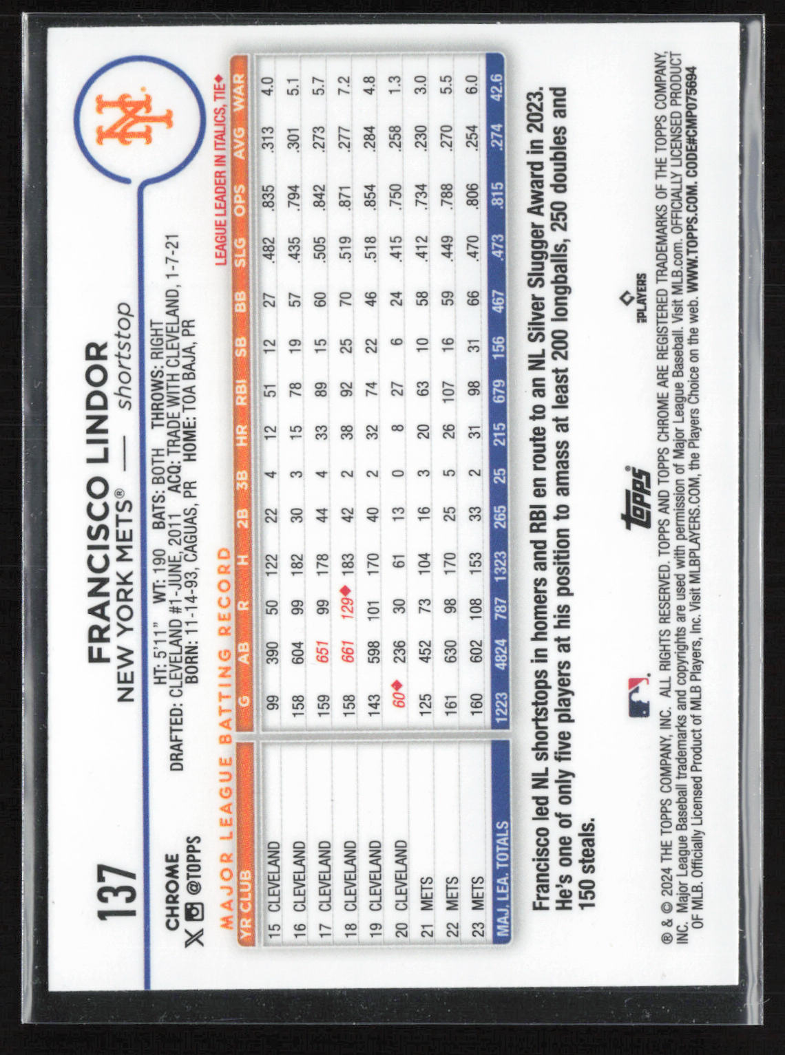 2024 Topps Chrome #137 Francisco Lindor X-Fractors