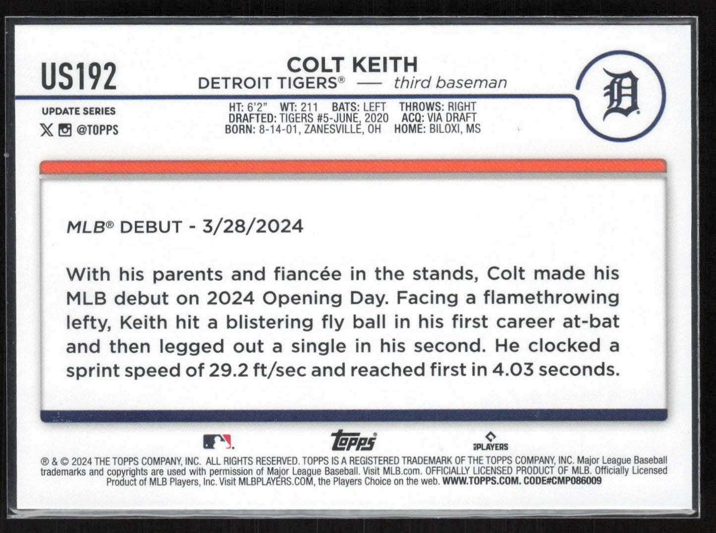 2024 Topps Update #US192 Colt Keith Rookie Debut