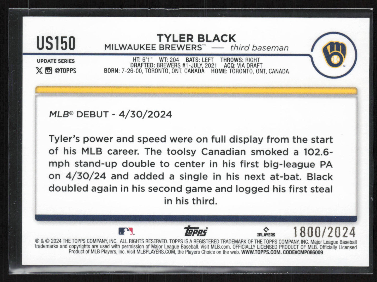 2024 Topps Update #US150 Tyler Black Gold #/2024