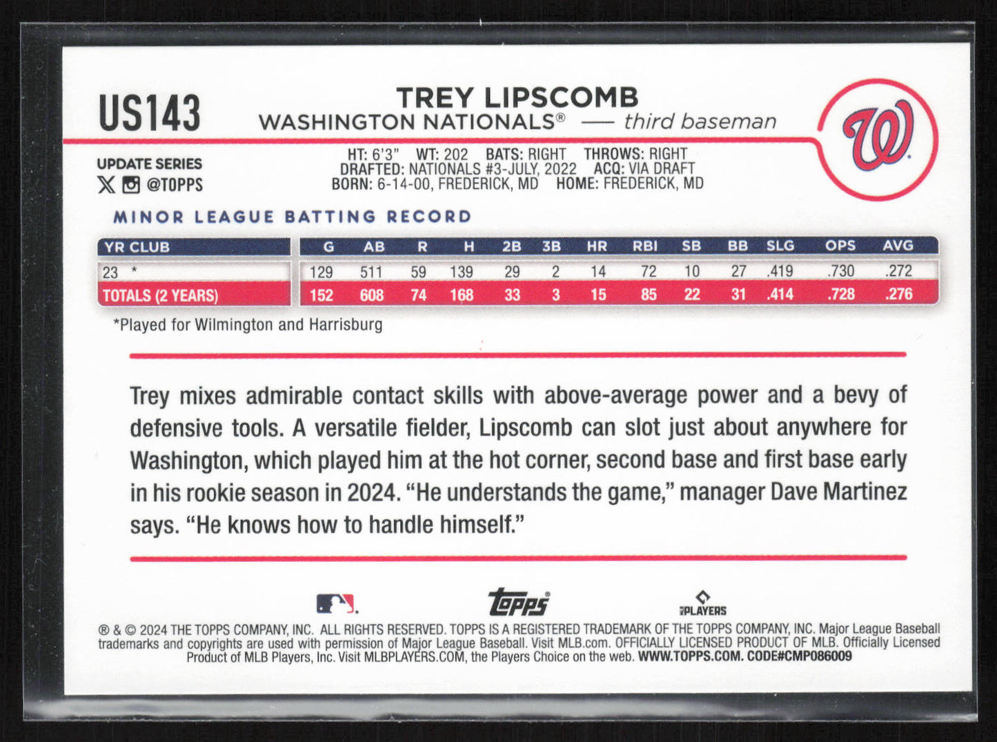 2024 Topps Update #US143 Trey Lipscomb Rainbow Foil