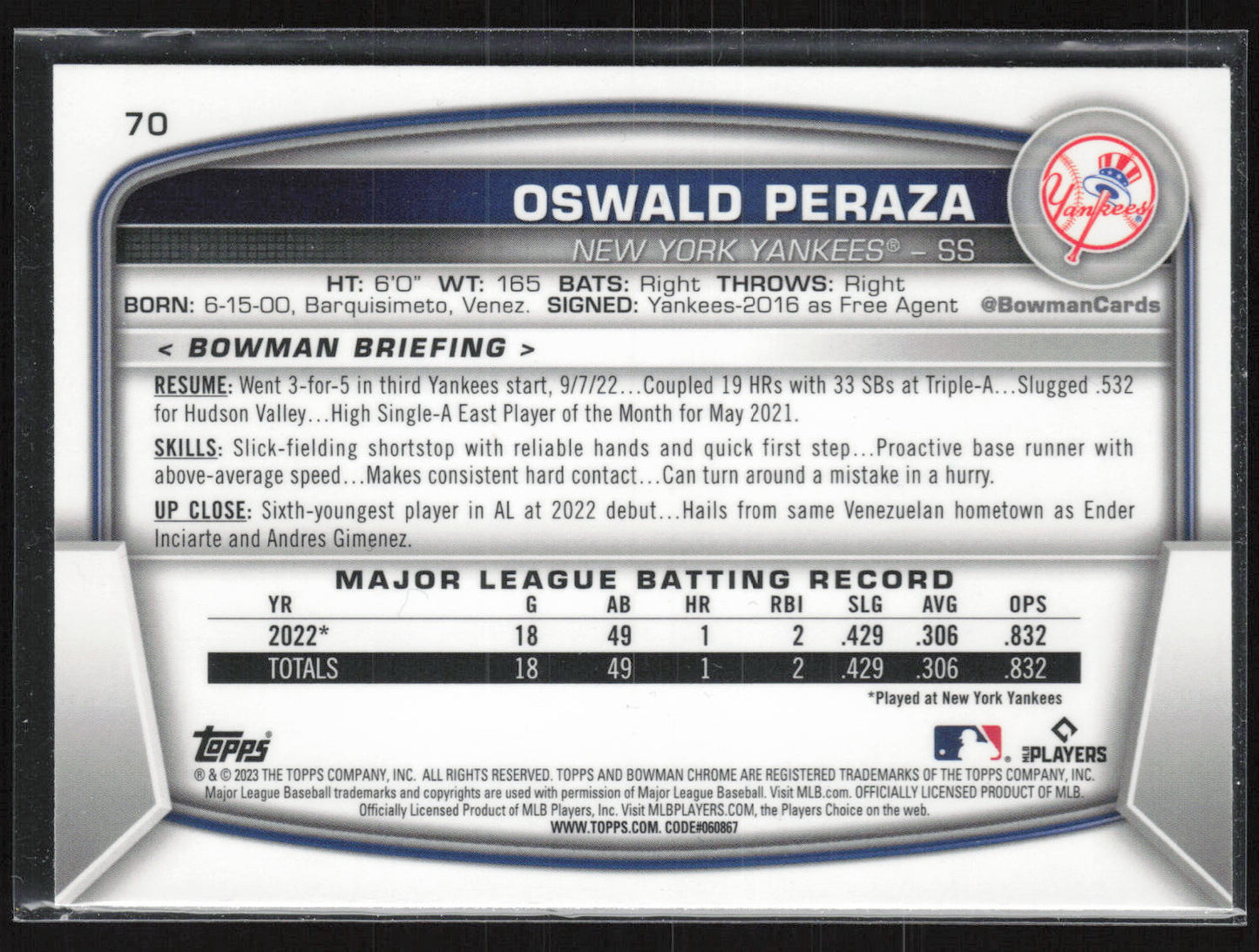 2023 Bowman #70 Oswald Peraza Mojo Refractors