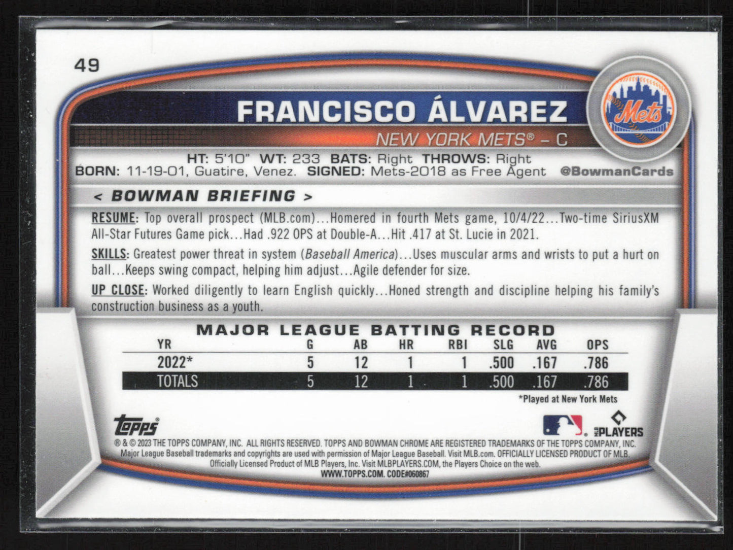 2023 Bowman #49 Francisco Álvarez Mojo Refractors
