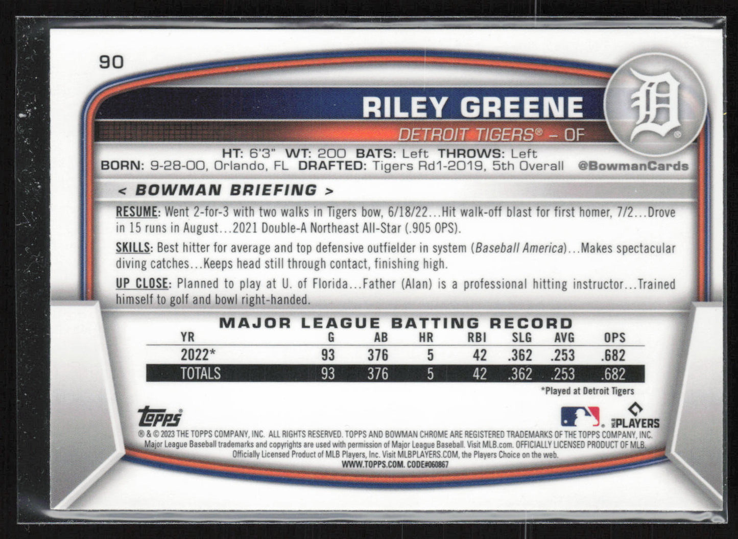 2023 Bowman #90 Riley Greene Mojo Refractors